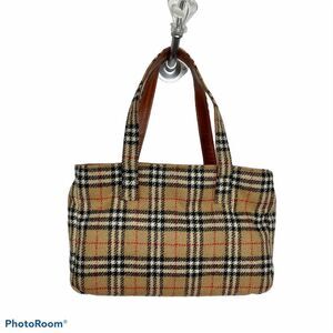 Burberry Wool Vintage Nova Check Signature Plaid Tote Shoulder Bag Purse Tan